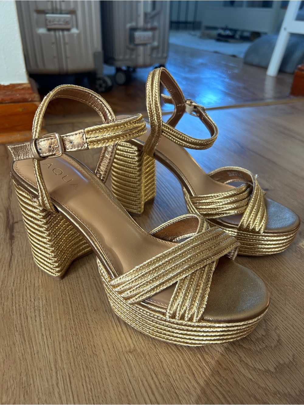 Aqua Metallic Gold Braided Platform Block Heels